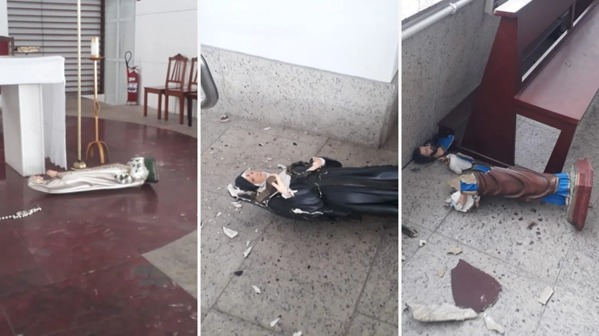 Mulher vandaliza imagens religiosas dentro de igreja na Praia do Canto - Vitória - E.S