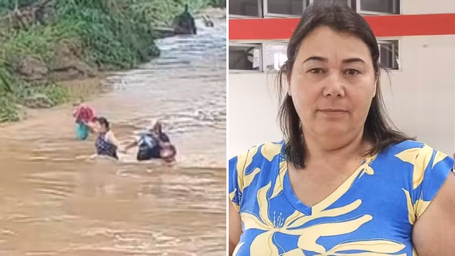 Professora cruza rio a pé para chegar à escola após queda de ponte devido à chuva no ES